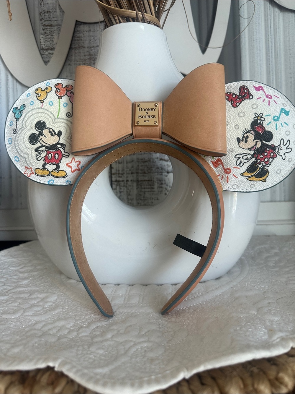Disney Dooney & Bourke Sketch  Tan Leather Bow Mickey & Minnie Ear Headband
